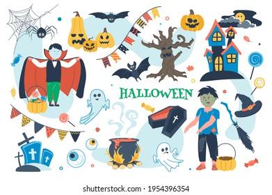 Halloween concept isolated elements set. Bundle of children in zombie or vampire costumes, scary house, witches cap or bowler hat, sweets, pumpkins, decor. Vector illustration in flat cartoon design
