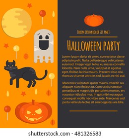 Halloween concept letterhead template in flat style. Vector business template with pumpkin; ghost; cat; moon and lollipop.