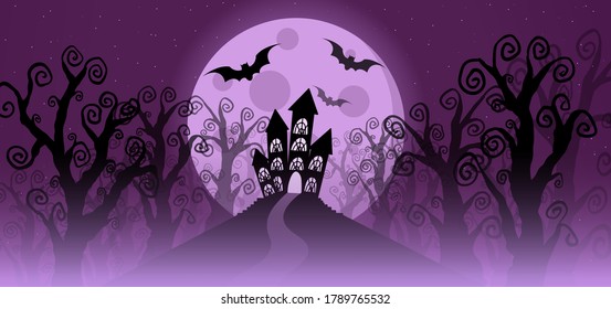 Halloween concept. Lonely house on top of a hill in a foggy forest. vector illustration of the eve of all saints. Background for the celebration of All Saints.