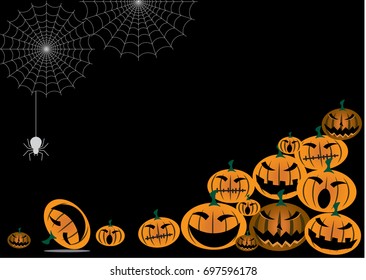 Halloween concept. many faces of pumpkins with different emotion on black background with spider webs.
