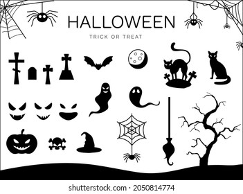 Halloween concept. Many icons in one set. Black silhouettes of angry pumpkin, bats, spiders, cobwebs, grave crosses, dry trees, witch's broom, scull, evil faces, ghosts. Vector illustration.
