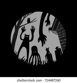 Halloween concept monsters on the moon background, vector illustration.