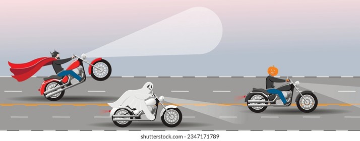 Concepto de Halloween. Motociclistas con disfraces de Halloween compiten por la pista. Ilustración vectorial.