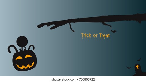 Halloween concept , Mummy holds out his arm to grab candy in pumpkin basket silhouette vector illustration background.