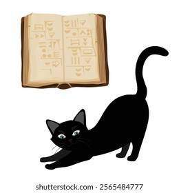 Halloween concept. Old ancient spell book and black cat isolated on white background. Vector