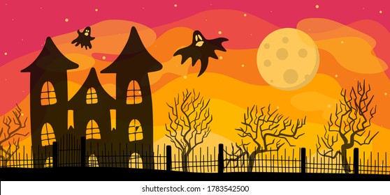 halloween concept. old haunted house. ghosts fly around the large mansion. banner for all saints eve.