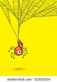 Halloween concept with one eye spider and his web on yellow background