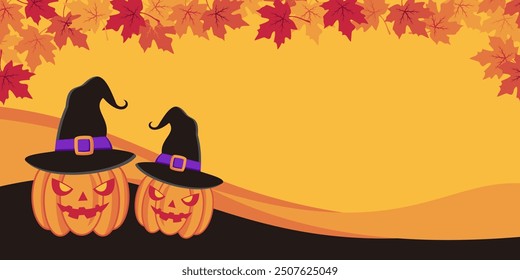 halloween concept orange background with pumpkin monster icons and maple leaves. design free copyspace area