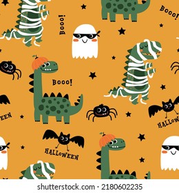 halloween concept pattern design and cute dinosaur  pumpkins  ghost  dinosaur  spider   bat as vector
