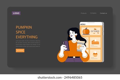 Halloween concept. A person browsing a digital menu with pumpkin-themed items, celebrating the autumn season. Vector illustration.