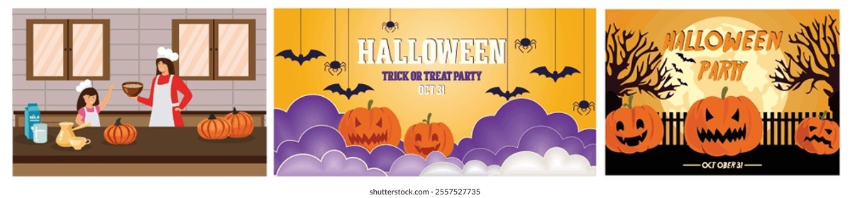Halloween concept. Pumpkins And Bats. Full Moon on a fun fantasy party celebration. Set flat vector modern illustration 
