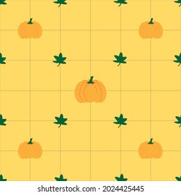 Halloween concept, seamless background pattern of orange pumpkins and green leaves on yellow background with grid for decoration, paper wrapping, fabric, and wallpaper 