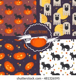 Halloween concept seamless patterns set. Halloween backgrounds with pumpkin, ghost, cat, lollipop. Vector illustration in flat style.