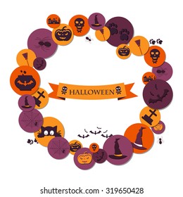 Halloween Concept. Set of Halloween Characters on Circles with Shadow. Scrapbook elements..Bat, pot,witch hat,broom,castle, pumpkin,spider,web,headstone,frightened cat,skull and crossbones.