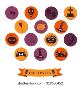 Halloween Concept. Set of Halloween Characters on Circles with Shadow. Scrapbook elements..Bat, pot,witch hat,broom,castle, pumpkin,spider,web,headstone,frightened cat,skull and crossbones.
