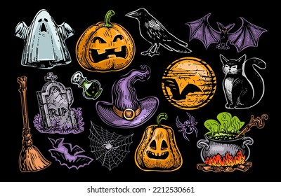 Halloween concept, set of colored stickers or badges. Festive decorations for holiday decoration. Vector illustration