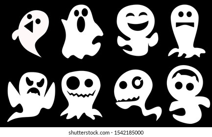 Halloween concept, Set of isolated funny vector white ghosts with black background 