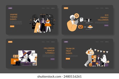 Conjunto de conceptos de Halloween. Eventos temáticos, celebración ecológica, tutoriales de maquillaje y maletero o diversión. Fiestas para todas las edades. Ilustración vectorial.