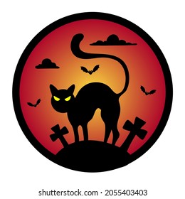 Halloween Concept. Silhouettes of angry cat, bats, graveyard, grave crosses in a circle on an ominous yellow-red gradient background. Vector illustration.