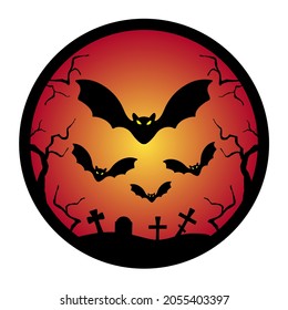 Halloween Concept. Silhouettes of bats, graveyard, grave crosses, dry trees in a circle on an ominous yellow-red gradient background. Vector illustration.