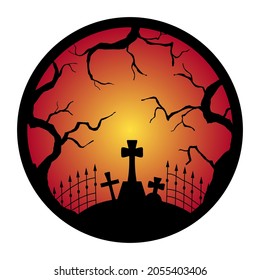 Halloween Concept. Silhouettes of cobwebs, graveyard, grave crosses, dry trees in a circle on an ominous yellow-red gradient background. Vector illustration.