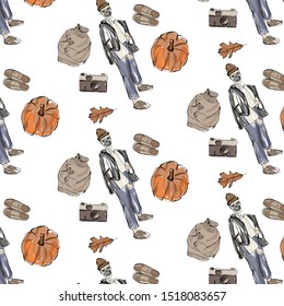 Halloween concept. Skeleton dressed in casual trendy clothes. Watercolor pumpkin, sweater, leaf. Autumn seasons mood. 
