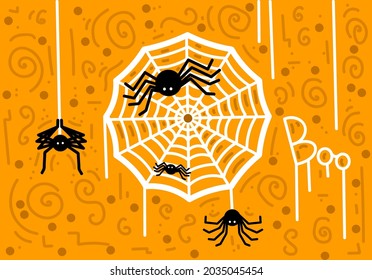 Halloween concept with spiders and web on orange background. Vector hand drawn cartoon kawaii character illustration