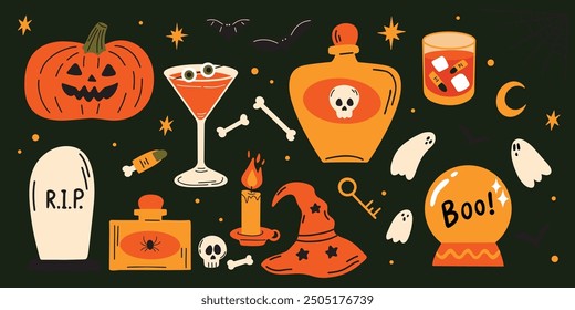 Halloween concept spooky cartoon vector illustration set, cute pumpkin, potion, tombstone, bats, skull, bones, ghost, witch hat stickers, magical elements collection, autumn holiday party decoration