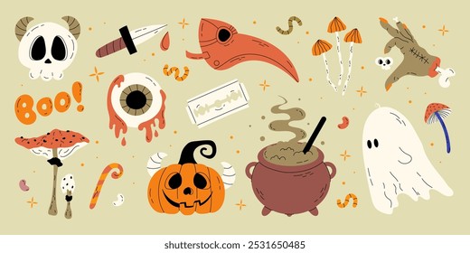 Halloween concept spooky cartoon vector illustration set, cute pumpkin, ghost, witchs cauldron, skull, eye, knife, zombie hand. Autumn holiday party decoration. Vector stock hand drawn illustration.