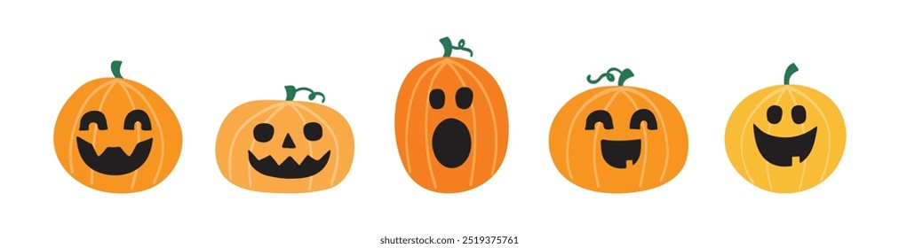 Halloween-Konzept mit unheimlichen Kürbissen. Handgezeichnete Symbole. Vektorgrafik