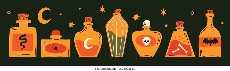 Halloween concept spooky vector illustration set, cartoon potion glass corked bottle stickers, magical elements collection, autumn holiday party decoration, spooky witchy apothecary jars, poison flask