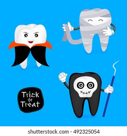 Halloween concept of teeth character set. Funny tooth illustration, dracula, ghost and mummy isolated on blue background.