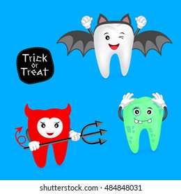 Halloween concept of teeth set. Funny teeth illustration, Devil, bat and zombie isolated on blue background.