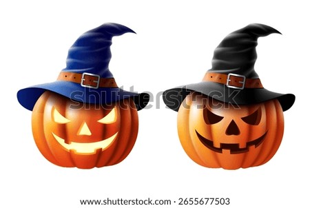 halloween concept two pumpkin monster faces wearing witch hats isolated on the white background.vector illustration design element. 