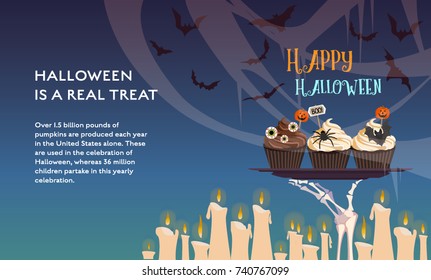 Halloween concept vector flat poster design. Illustration with with bat, pumpkin head, candles, creepy sweet cake and place for text