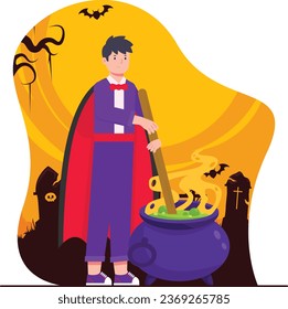 Halloween concept vector illustration. Cartoon flat man in costume of vampire with pot full of potion.