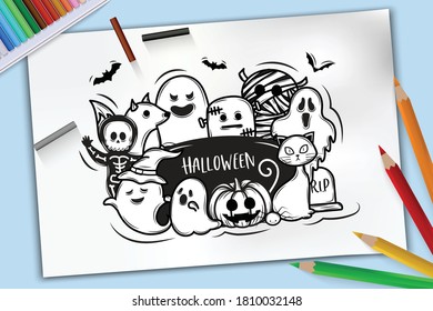 Halloween concept vector illustration, hand drawn of halloween ghosts on sketch paper with coloured pencils on blue background 