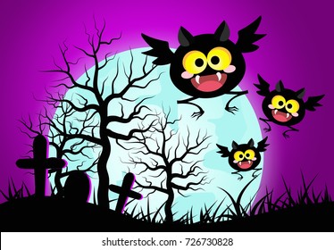 Halloween concept vector illustration.Happy bats with blue full moon background. 