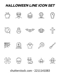 Halloween concept. Vector line icon set. Editable stroke. Signs of potion, zombie, pumpkin. Symbols of bat, cross, spider web and other elements related to holiday