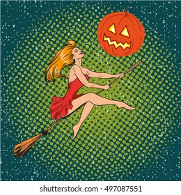 Halloween concept vector poster in retro comic pop art style. Witch girl flying on a broomstick on pumpkin moon.