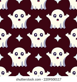Halloween concept. Vector seamless pattern of detailed spooky ghost on dark brown background. Suitable for postcards, fabric, textile, wrappers, wallpapers