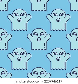 Halloween concept. Vector seamless pattern of ghost on blue background. Suitable for postcards, fabric, textile, wrappers, wallpapers