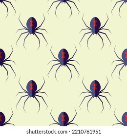 Halloween concept. Vector seamless pattern of spider on light yellow background. Suitable for postcards, fabric, textile, wrappers, wallpapers