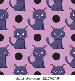 Halloween concept. Vector seamless pattern of detailed spooky cat on pink background. Suitable for postcards, fabric, textile, wrappers, wallpapers