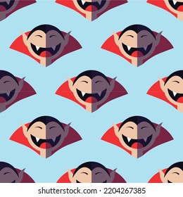 Concepto de Halloween. Vector vibrante patrón transparente de vampiro sobre fondo azul claro. Perfecto para envolver, tapices, postales, sitios web, tiendas