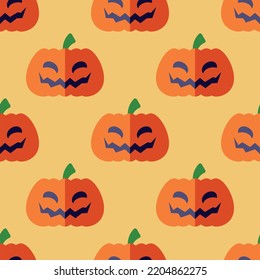 Halloween concept. Vibrant vector seamless pattern of creepy pumpkin on yellow background. Perfect for wrapping, wallpapers, postcards, web sites, shops