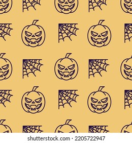 Halloween-Konzept. Lebhaftes, Vektornahtloses Muster aus Kürbis und Spinnennetz auf gelbem Hintergrund. Perfekt für Umhüllungen, Wallpaper, Postkarten, Websites, Geschäfte