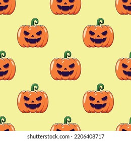Halloween concept. Vibrant vector seamless pattern of spooky pumpkin on yellow background. Perfect for wrapping, wallpapers, postcards, web sites, shops