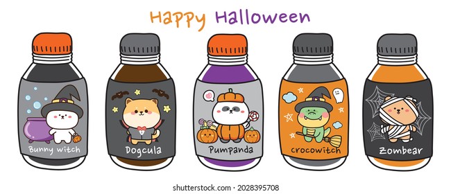 Concepto de Halloween.Juego de dibujos animados sobre botellas de agua en fondo blanco.Conejo, perro, panda, cocodrilo, oso con la mano trapada.Festival.Octubre.Aislado.Kawaii.Vector.Ilustración.