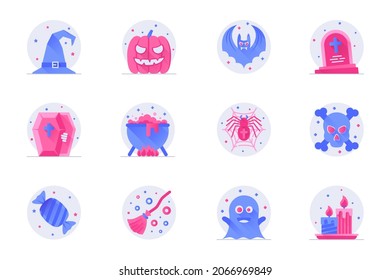 Halloween concept web flat color icons with shadow set. Pack pictograms of witch hat, pumpkin, bat, cemetery, spider, skull and other. Vector illustration of symbols for website mobile app design